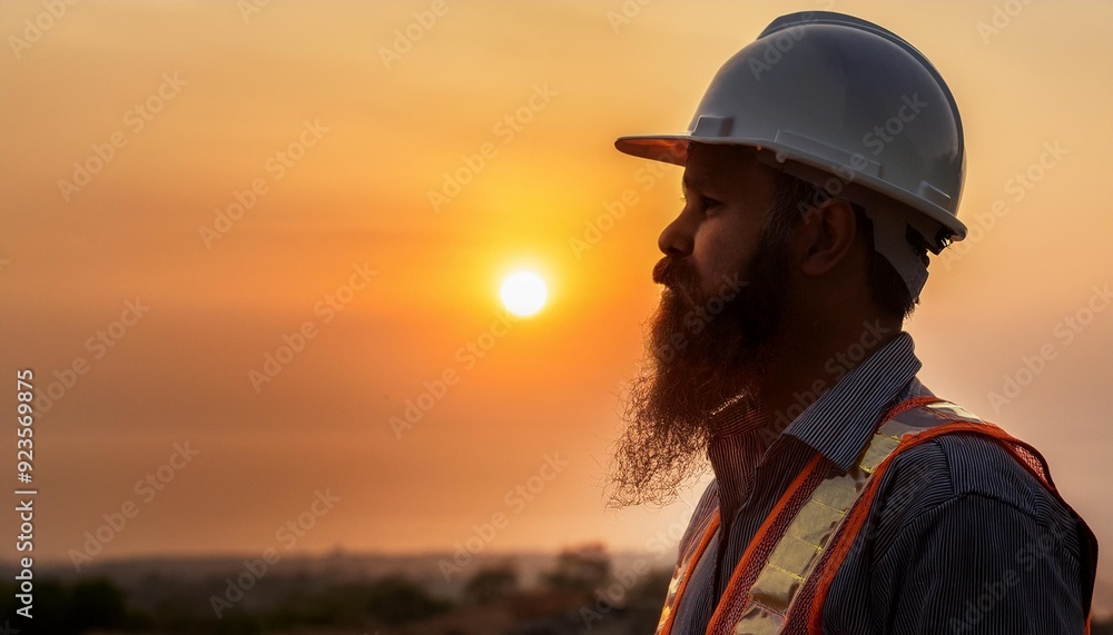 Construction Worker at Sunset A determined construction worker with a full beard, wearing a hard hat, stands in profile against a backdrop of glowing sunset hues. Construction Worker at Sunset A determined construction worker with a full beard, wearing a hard hat, stands in profile against a backdrop of glowing sunset hues.