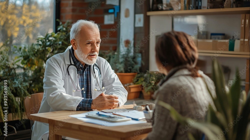 Experienced Senior Doctor Consulting Patient at Wooden Table in Clinic Experienced Senior Doctor Consulting Patient at Wooden Table in Clinic