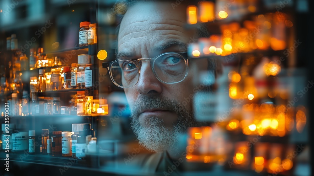 A man stands in front of well-stocked pharmacy shelves filled with various medications. The focus is on the pharmaceutical products, indicating health care and medical treatment themes. A man stands in front of well-stocked pharmacy shelves filled with various medications. The focus is on the pharmaceutical products, indicating health care and medical treatment themes.
