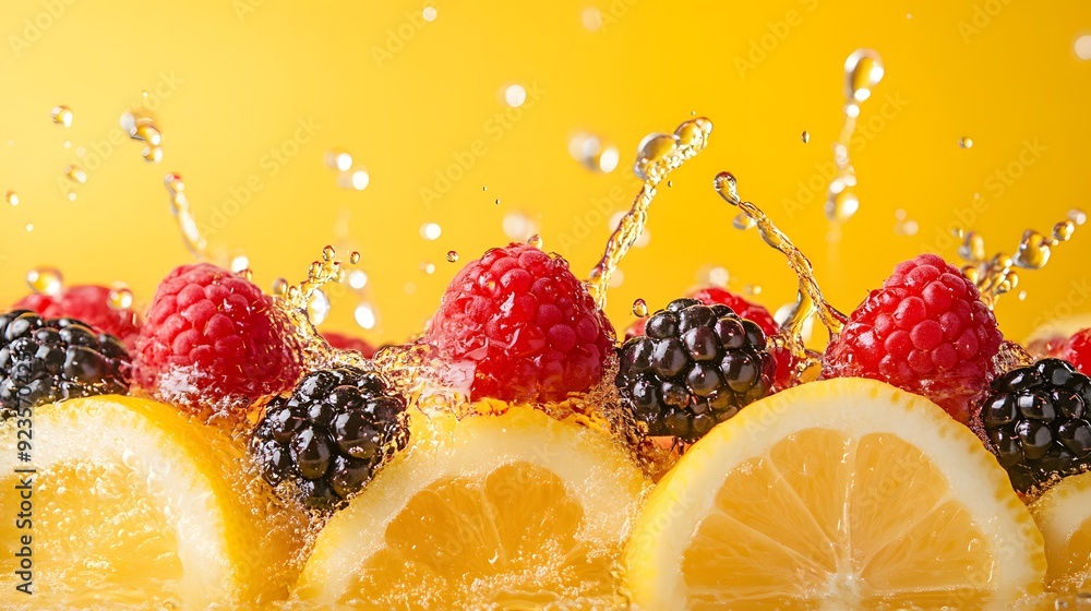 Vibrant fresh fruits, mixed berries, citrus slices, water droplets, splashing liquid, strawberries, raspberries, blackberries, lemon, orange, dynamic composition. Vibrant fresh fruits, mixed berries, citrus slices, water droplets, splashing liquid, strawberries, raspberries, blackberries, lemon, orange, dynamic composition.