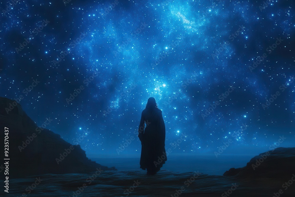 biblical narrative abraham gazing at starry night sky desert landscape capturing moment of divine promise using dramatic lighting and emotive body language biblical narrative abraham gazing at starry night sky desert landscape capturing moment of divine promise using dramatic lighting and emotive body language