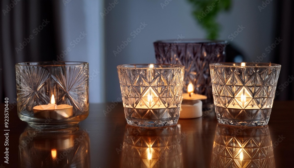 Geometric Glass Candle Holders A trio of geometric glass candle holders reflect the warm glow of candlelight, creating a captivating and sophisticated ambiance. Geometric Glass Candle Holders A trio of geometric glass candle holders reflect the warm glow of candlelight, creating a captivating and sophisticated ambiance.
