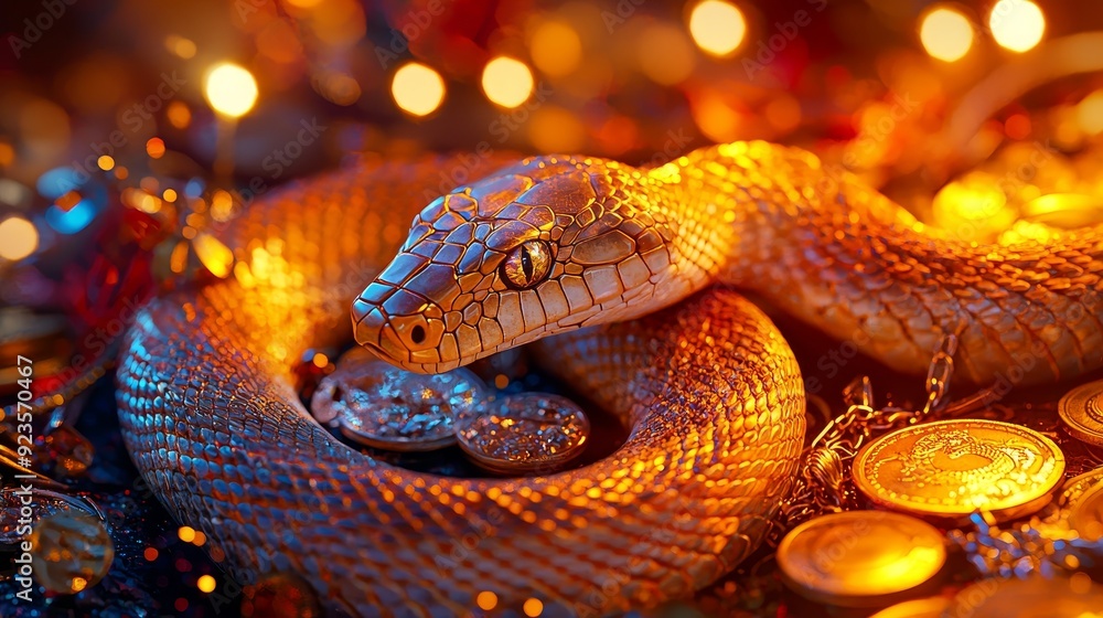 This vibrant golden snake is intricately coiled on a bed of glittering coins, symbolizing health and wealth in the new year 2025 This vibrant golden snake is intricately coiled on a bed of glittering coins, symbolizing health and wealth in the new year 2025