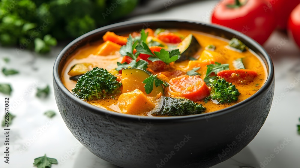 Vibrant vegetable curry in black ceramic bowl, white marble tabletop, colorful ingredients, broccoli, bell peppers, carrots, tomatoes, golden broth, garnished with fresh parsley. Vibrant vegetable curry in black ceramic bowl, white marble tabletop, colorful ingredients, broccoli, bell peppers, carrots, tomatoes, golden broth, garnished with fresh parsley.