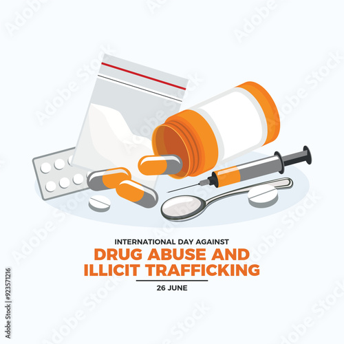 International Day Against Drug Abuse and Illicit Trafficking poster vector illustration. Pill bottle, hard drugs, syringe icon set. Template for background, banner, card. June 26 every year