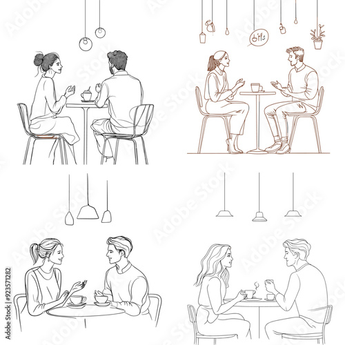 A series of four drawings of people sitting at a table in a restaurant. The people are talking to each other and one of them is holding a cell phone. The mood of the images is casual and friendly
