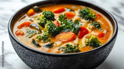 Vibrant vegetable curry in black ceramic bowl, white marble tabletop, colorful ingredients, broccoli, bell peppers, carrots, tomatoes, golden broth, garnished with fresh parsley.