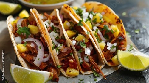 Delicious Mexican Tacos with Pineapple, Onions and Cilantro