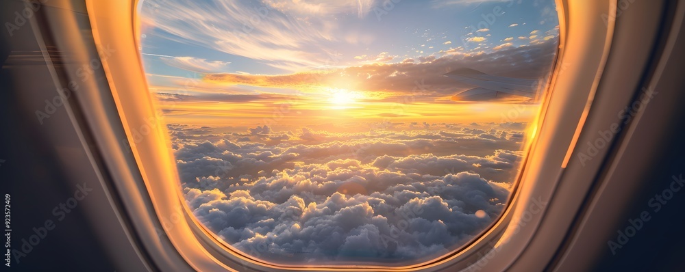Airplane Window View of Sunset Over Clouds Airplane Window View of Sunset Over Clouds