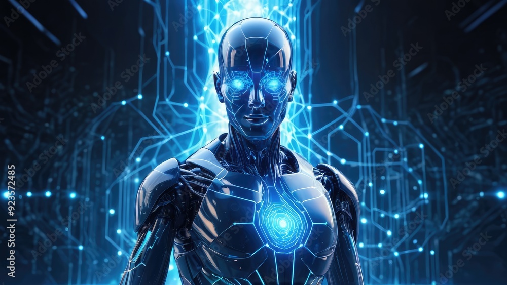 A high-tech android with illuminated blue eyes and a complex network of circuits, representing artificial intelligence, cybernetics, and the future of human-robot interaction