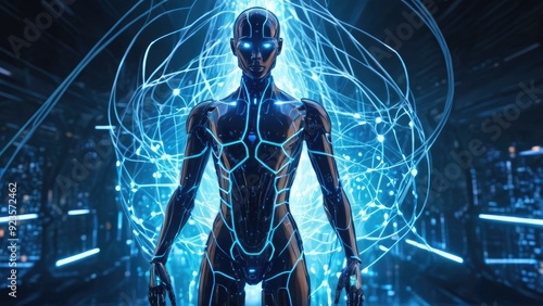 A high-tech android with illuminated blue eyes and a complex network of circuits, representing artificial intelligence, cybernetics, and the future of human-robot interaction