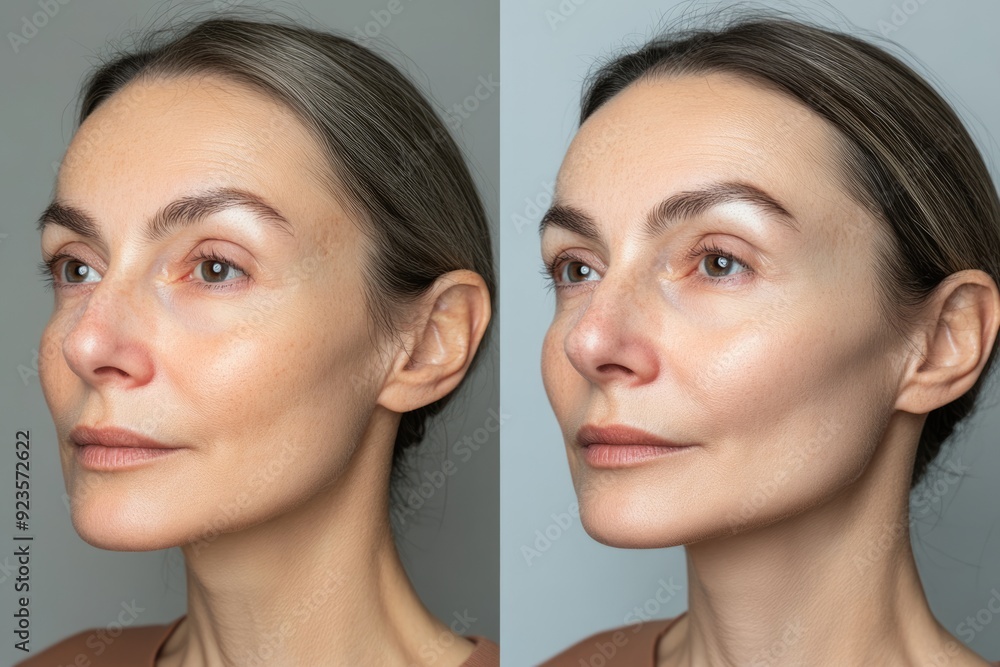 Before and After: A Woman's Face with Wrinkles and Lines Before and After Skin Treatment Before and After: A Woman's Face with Wrinkles and Lines Before and After Skin Treatment