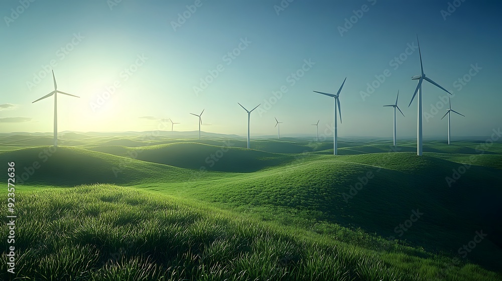 Obraz premium Wind turbines in green field, clear blue sky, renewable energy concept, panoramic view, high contrast, detailed turbine texture, sustainable landscape, bright sunlight, clean energy.