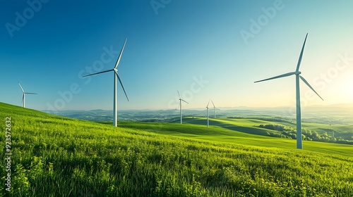 Wind turbines in green field, clear blue sky, renewable energy concept, panoramic view, high contrast, detailed turbine texture, sustainable landscape, bright sunlight, clean energy.