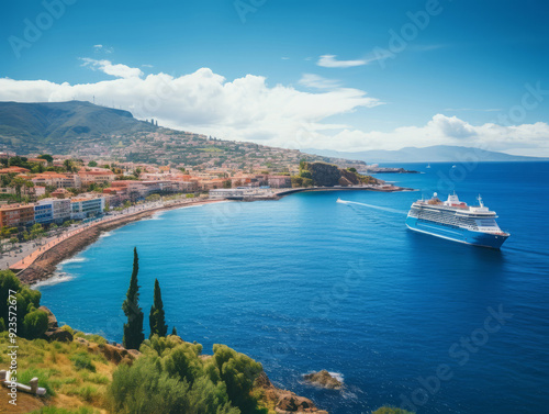 Exceptional Beautiful and calm ocean surrounded by the cliffs under the cloudy blue sky