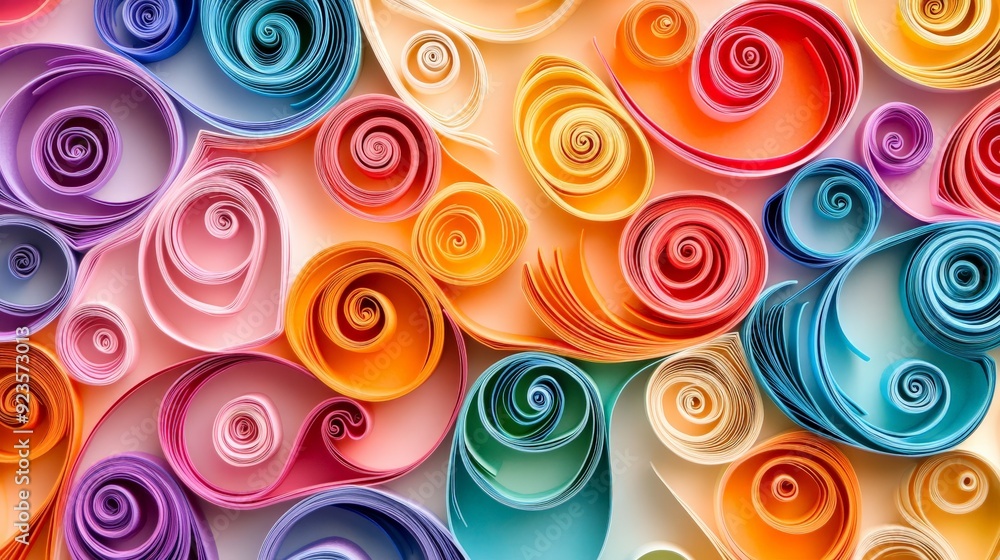 Colorful paper quilling art with intricate, vibrant spirals and curls creating a stunning pattern of rolled paper strips. Colorful paper quilling art with intricate, vibrant spirals and curls creating a stunning pattern of rolled paper strips.