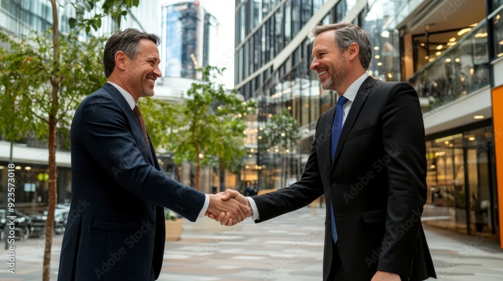 Two businessmen shaking hands outdoors, successful partnership, urban business environment.