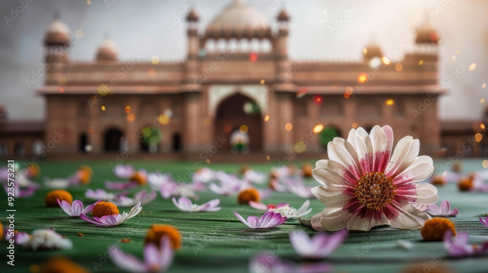 Celebrating India's Independence Day with Vibrant Flowers and Historic Architecture in the Background Celebrating India's Independence Day with Vibrant Flowers and Historic Architecture in the Background
