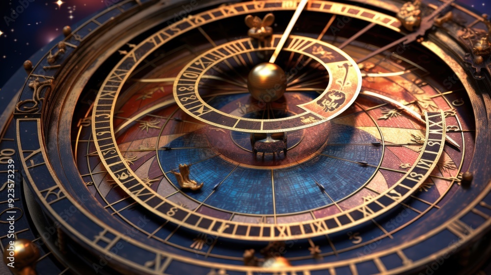 Naklejka premium Intricate Astronomical Clock Face with Roman Numerals and Ornate Details
