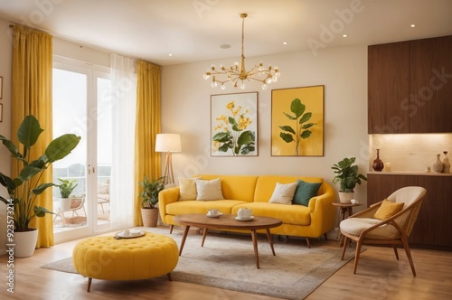 A bright yellow living room with a yellow couch, a coffee table