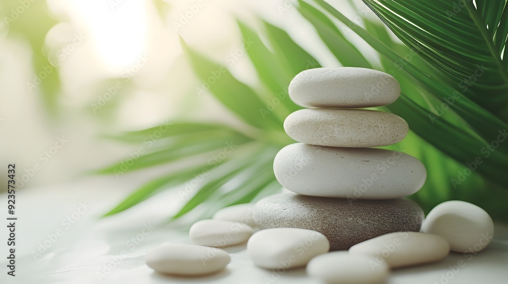Obraz premium Zen stone stack, bright natural lighting, palm leaf, soft green background, minimalist spa composition, smooth pebbles balanced, tranquil atmosphere, copy space for text.