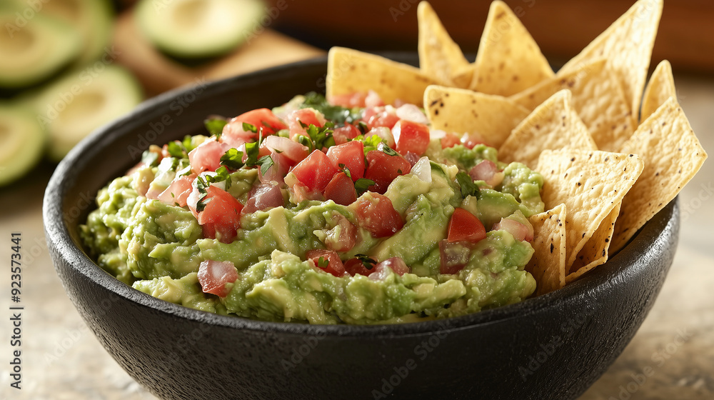 Bowl with healthy guacamole and tortilla chips Bowl with healthy guacamole and tortilla chips