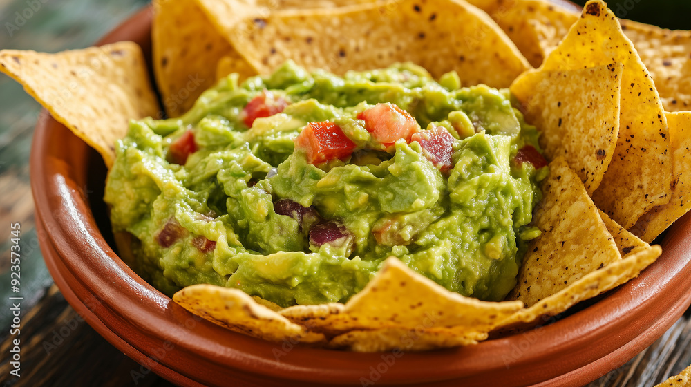 Close up on guacamole and tortilla chips Close up on guacamole and tortilla chips