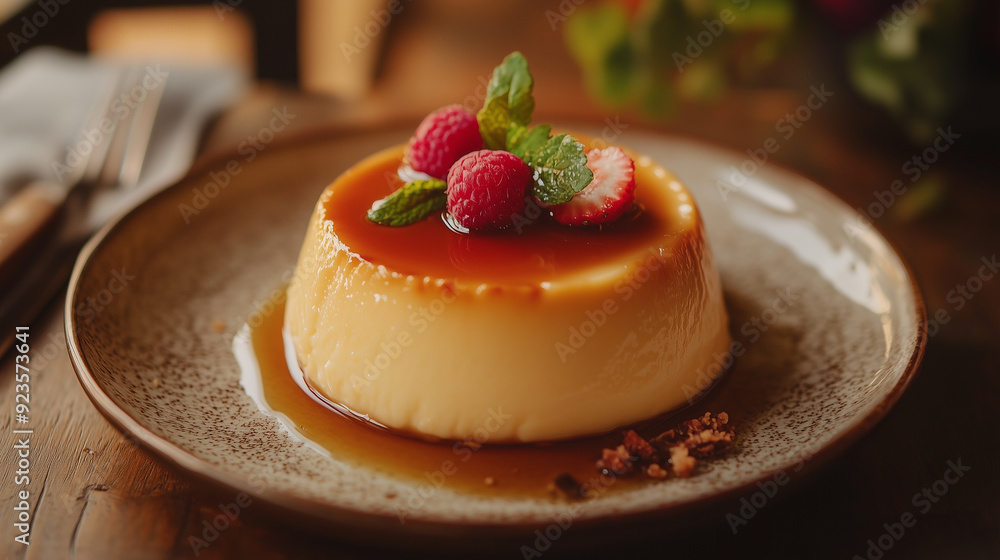 Vanilla flan with raspberries and mint leaves Vanilla flan with raspberries and mint leaves