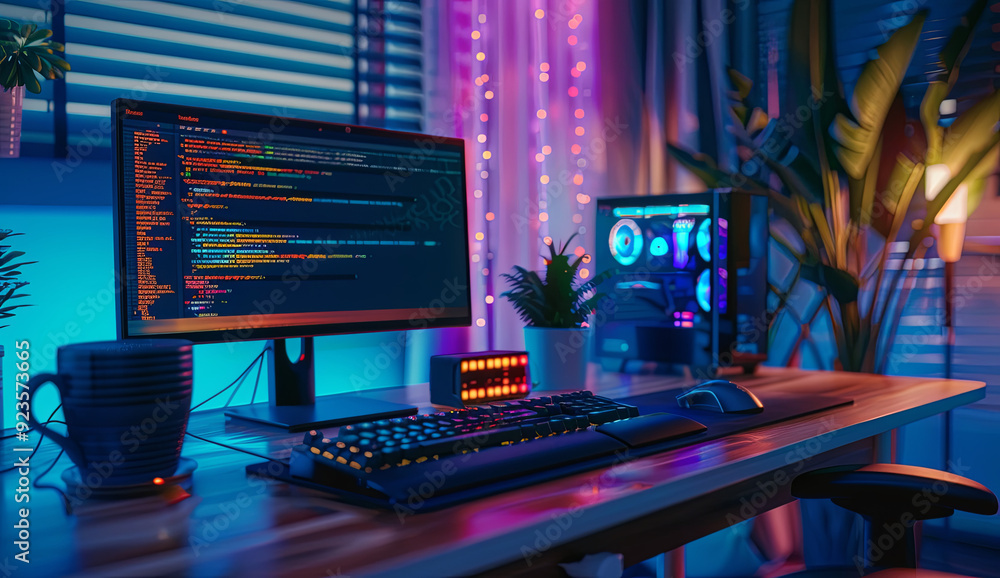 Detailed high-resolution depiction of an advanced computer setup featuring code on the screen, set against a dark blue and black toned background with soft ambient lighting. Detailed high-resolution depiction of an advanced computer setup featuring code on the screen, set against a dark blue and black toned background with soft ambient lighting.