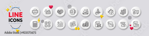 Cash transit, World money and Check investment line icons. White buttons 3d icons. Pack of Currency, Bank document, Atm service icon. Coins, Binary code, Fraud pictogram. Vector