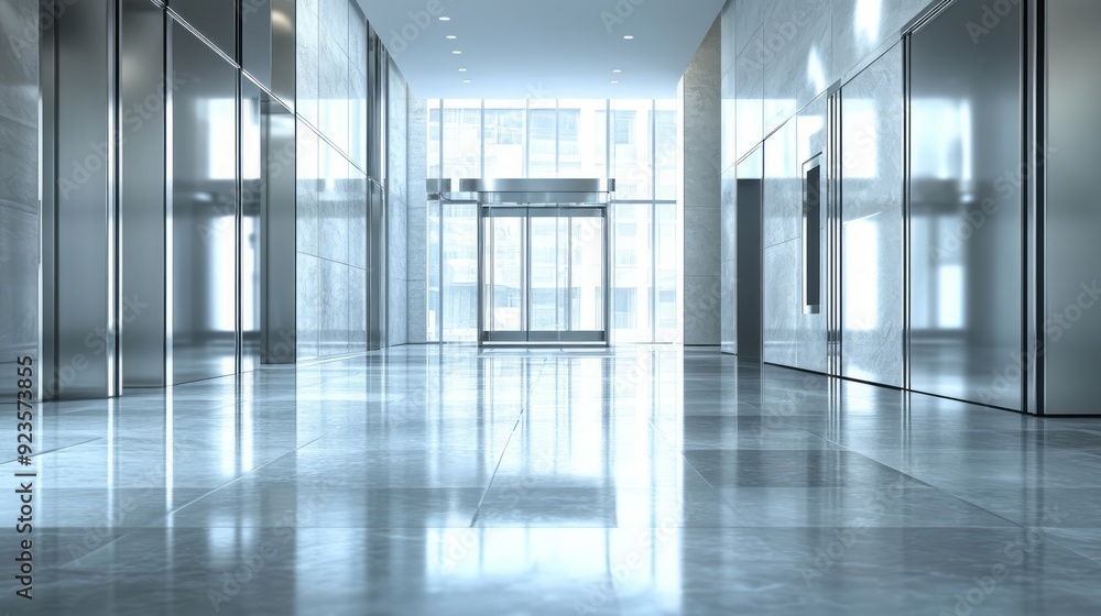 Fototapeta premium Empty modern office building corridor with polished floors and glass walls