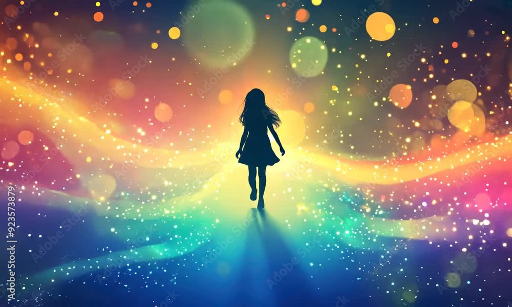 little girl walk on colorful magical rainbow in a dream little girl walk on colorful magical rainbow in a dream