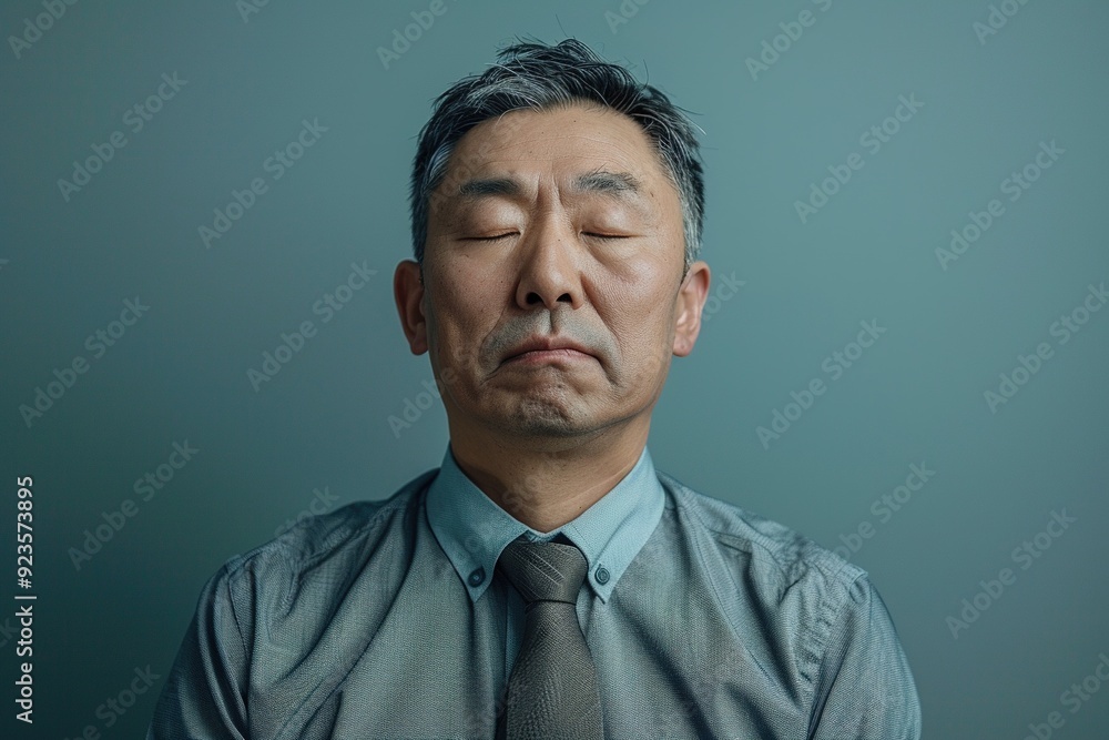 Closeup of a contemplative asian man with closed eyes in a gray shirt Closeup of a contemplative asian man with closed eyes in a gray shirt