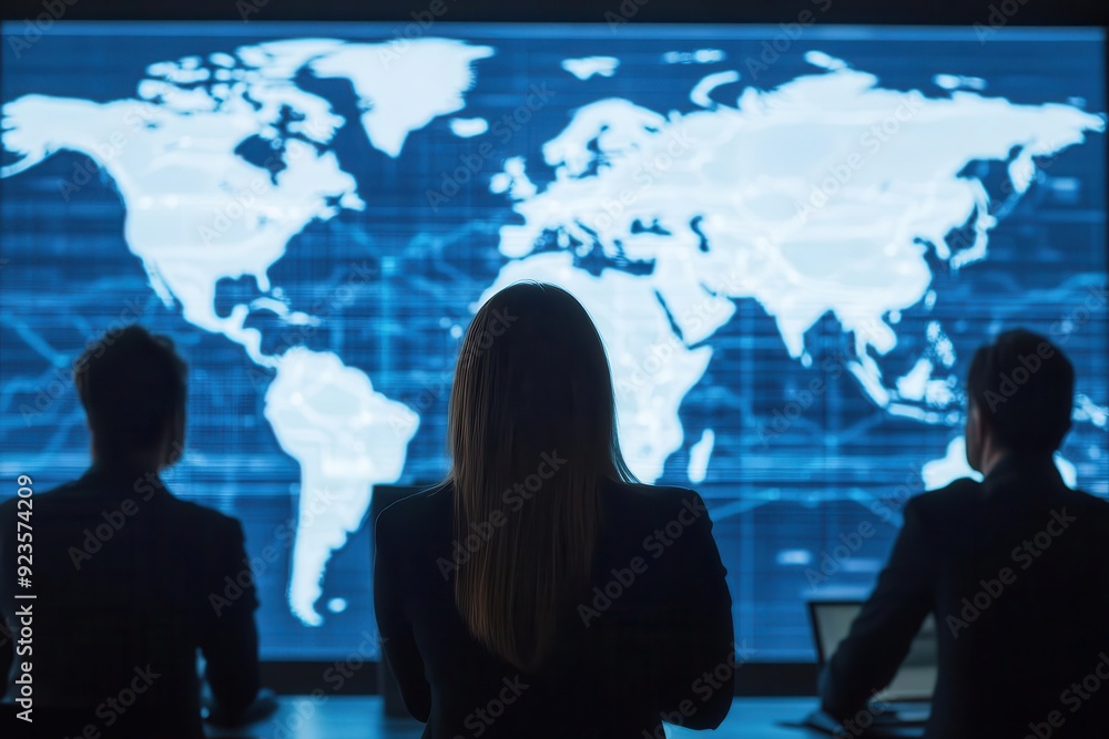 A team meeting in front of a large screen displaying global distribution routes, symbolizing business coordination A team meeting in front of a large screen displaying global distribution routes, symbolizing business coordination