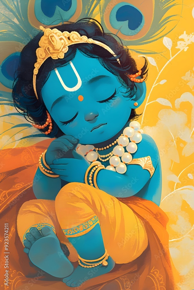 Cute little sleeping baby Krishna with blue skin and peacock feather ...