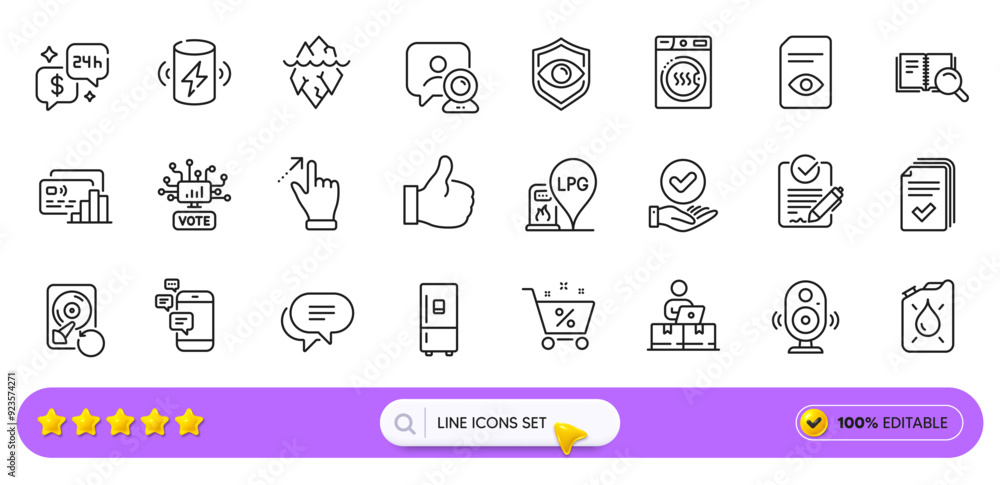 Speaker, View document and Card line icons for web app. Pack of Handout, Communication, Dryer machine pictogram icons. Rfp, Gas station, Text message signs. Eye detect, Online storage. Vector Speaker, View document and Card line icons for web app. Pack of Handout, Communication, Dryer machine pictogram icons. Rfp, Gas station, Text message signs. Eye detect, Online storage. Vector