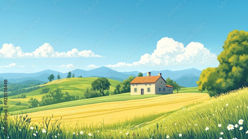 A tranquil countryside scene with rolling fields and a classic farmhouse under a clear blue sky1249878f732b A tranquil countryside scene with rolling fields and a classic farmhouse under a clear blue sky1249878f732b