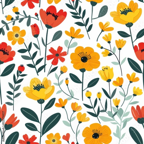 Wallpaper Mural Minimalist floral pattern with vibrant yellow, red, and green flowers on a white background Torontodigital.ca