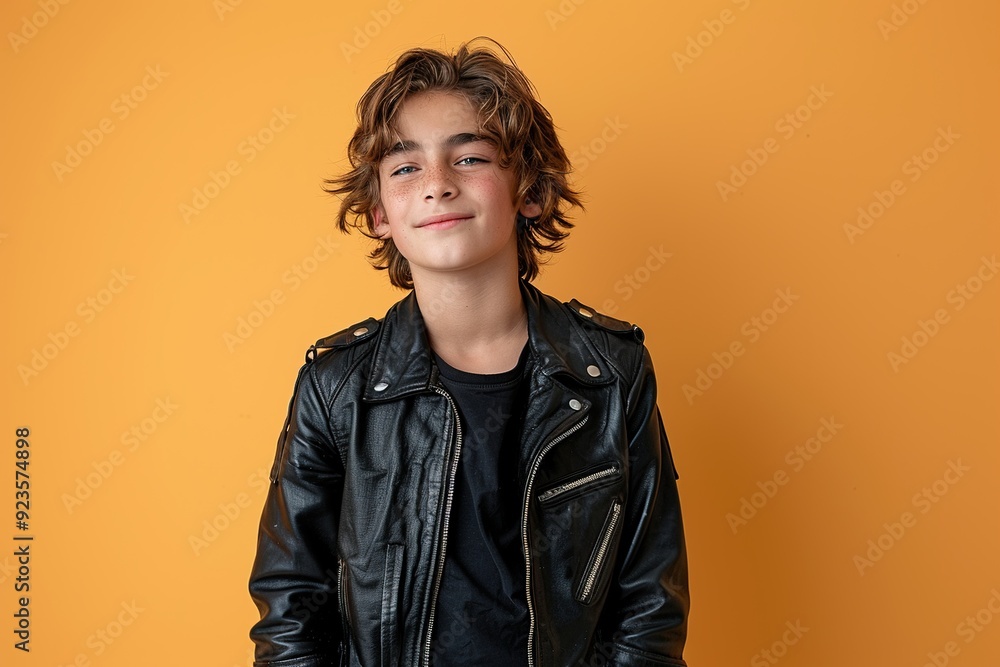 Fototapeta premium A young boy wearing a leather jacket and smiling