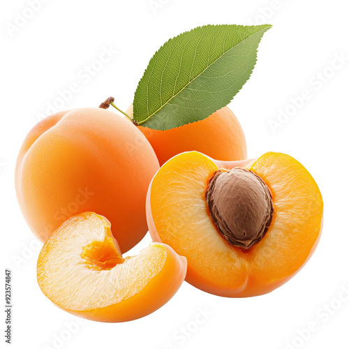 Ripe apricots and apricot half isolated on transparent or white background photo