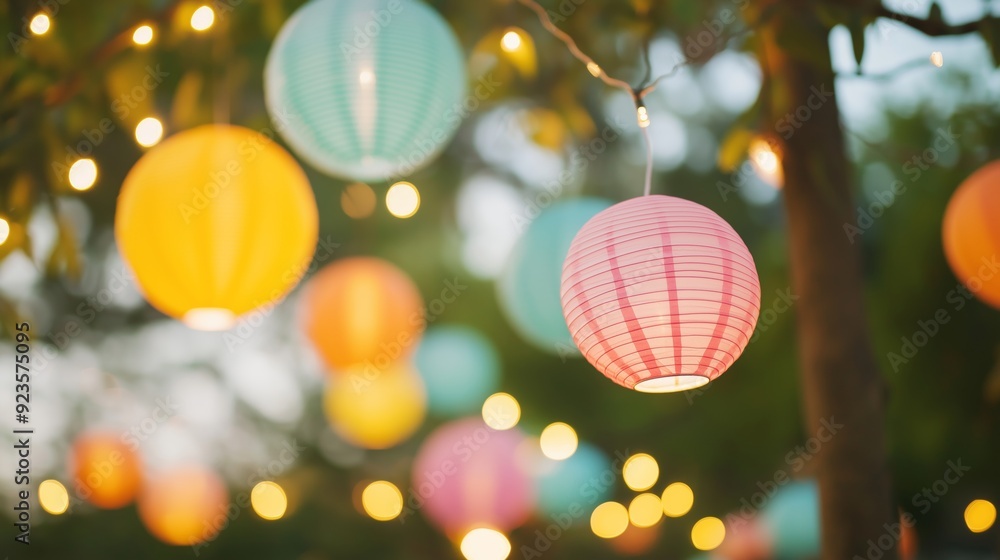 Colorful lanterns illuminated among trees at dusk in an outdoor celebration. Colorful lanterns illuminated among trees at dusk in an outdoor celebration.