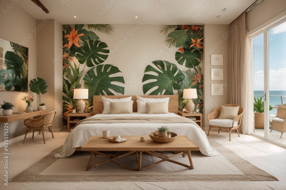 A bedroom with a tropical theme A bedroom with a tropical theme