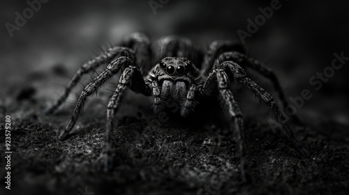 Magnificent Wolf Spider Close-Up on Mysterious Dark Texture in High Quality Photo