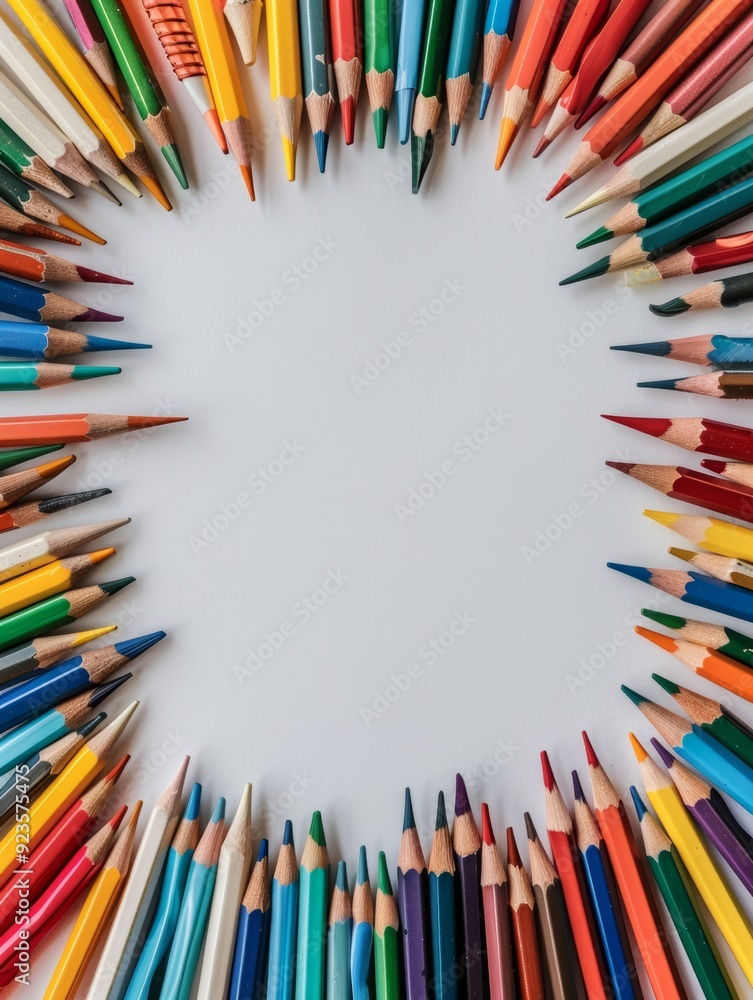 Fototapeta premium Colorful Back to School Frame with Assorted Pencils on White Background for Educational and Creative Projects