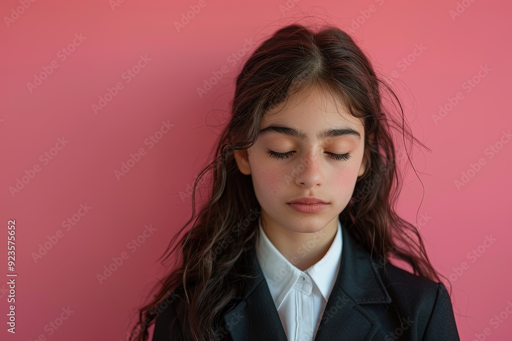 A girl with long hair is wearing a black jacket and white shirt A girl with long hair is wearing a black jacket and white shirt