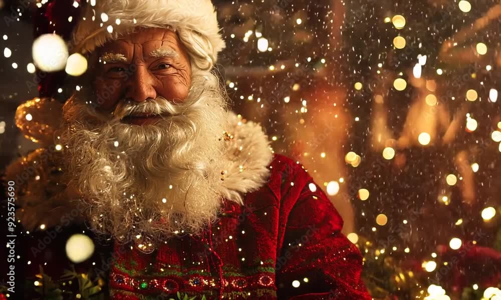 A classic depiction of Santa Claus smiling warmly amid festive Christmas lights, capturing the spirit of the holiday season. A classic depiction of Santa Claus smiling warmly amid festive Christmas lights, capturing the spirit of the holiday season.