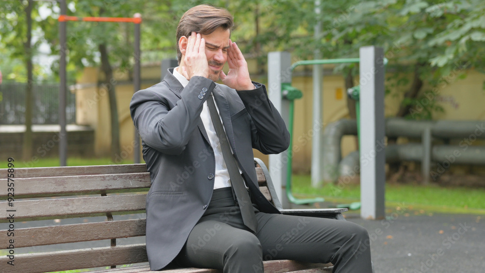 Tense Businessman with Migraine Sitting Outdoor Tense Businessman with Migraine Sitting Outdoor