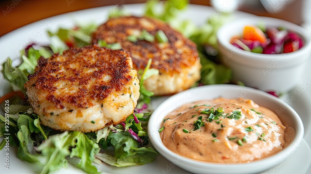 Crab cakes with a side of remoulade sauce and salad. Crab cakes with a side of remoulade sauce and salad.