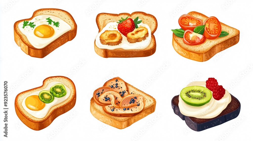 Variety of Delicious Toasts on White Background for Food Styling and Menu Design Variety of Delicious Toasts on White Background for Food Styling and Menu Design