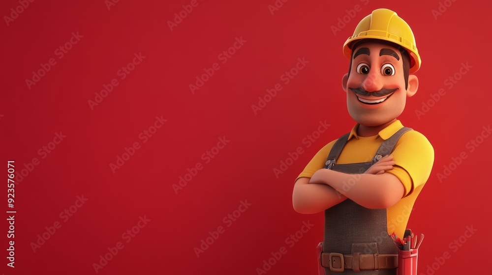 Smiling construction worker with a yellow helmet and overalls on a red background Smiling construction worker with a yellow helmet and overalls on a red background